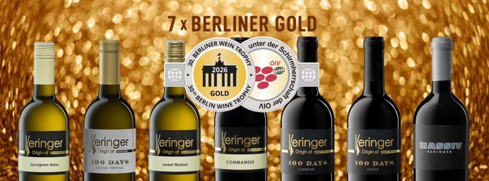 Auszeichnung 7 x Berliner Gold bei der Berliner Wine Trophy mit Flaschenfotos, Weingut Keringer