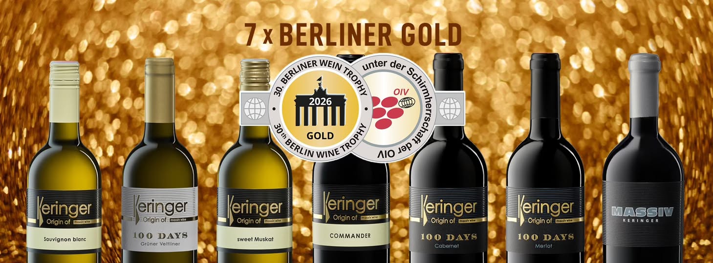 Auszeichnung 7 x Berliner Gold bei der Berliner Wine Trophy mit Flaschenfotos, Weingut Keringer