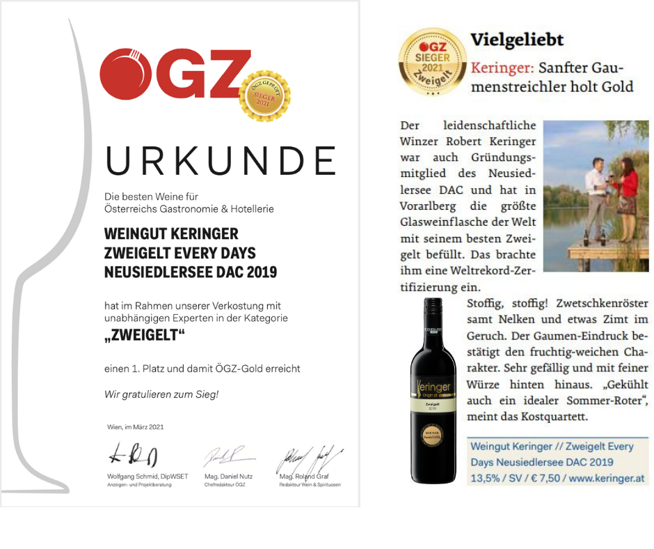 Urkunden ÖGZ - GOLD und 1. Platz für Zweigelt Every DAYS 2019 - ein Neusiedlersee DAC Wein
